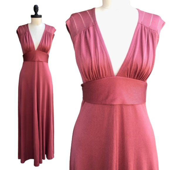 Vtg 70s Puce Rose Pointelle Knit V-Neck Tie Waist Open Back Maxi Disco Gown S/M - Picture 4 of 17